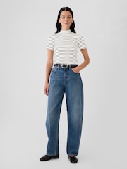 Gap White Stripe Modern Cotton-Modal Ribbed Mock Neck Short Sleeve T-Shirt - Image 3 of 5