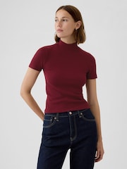 Gap Burgundy Red Modern Cotton-Modal Ribbed Mock Neck Short Sleeve T-Shirt - Image 1 of 5