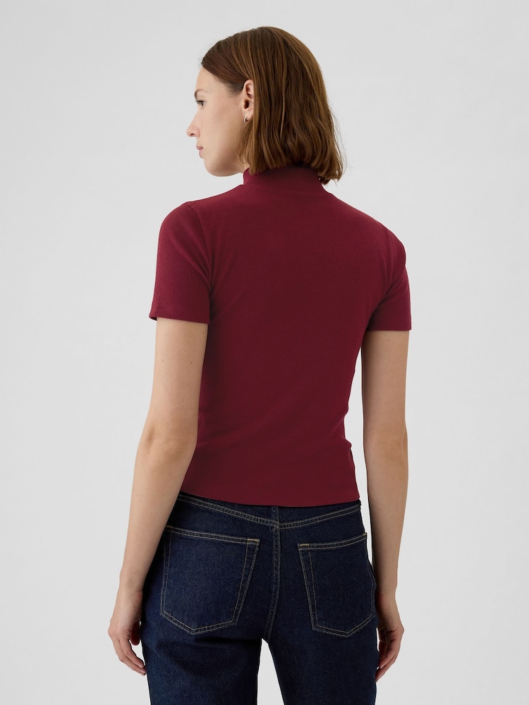 Gap Burgundy Red Modern Cotton-Modal Ribbed Mock Neck Short Sleeve T-Shirt - Image 2 of 5 Gap Burgundy Red Modern Cotton-Modal Ribbed Mock Neck Short Sleeve T-Shirt - Image 2 of 5