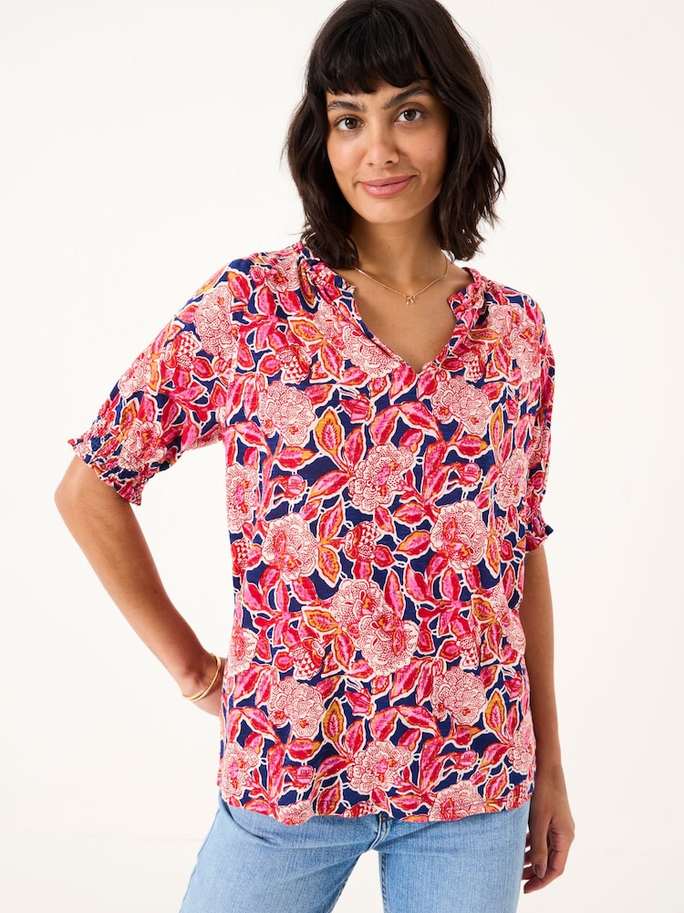 FatFace Florence Indigo Blue Batik Floral Short Sleeve Top - Image 1 of 9
