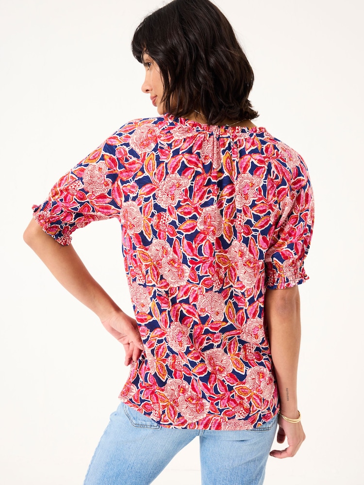 FatFace Florence Indigo Blue Batik Floral Short Sleeve Top - Image 2 of 9