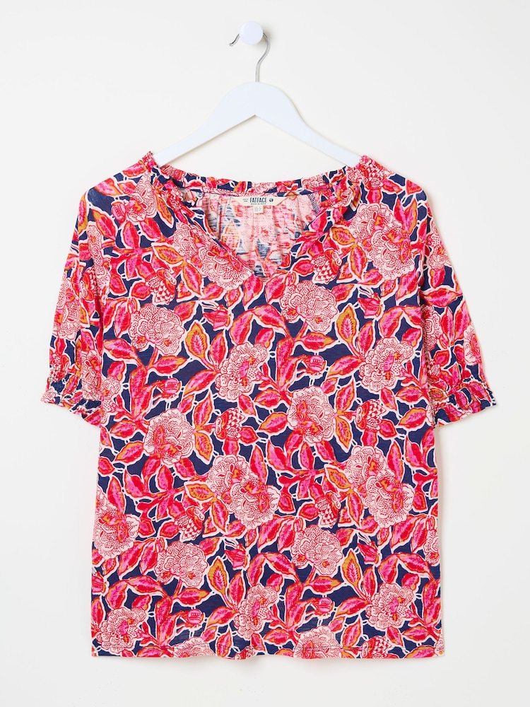 FatFace Florence Indigo Blue Batik Floral Short Sleeve Top - Image 9 of 9