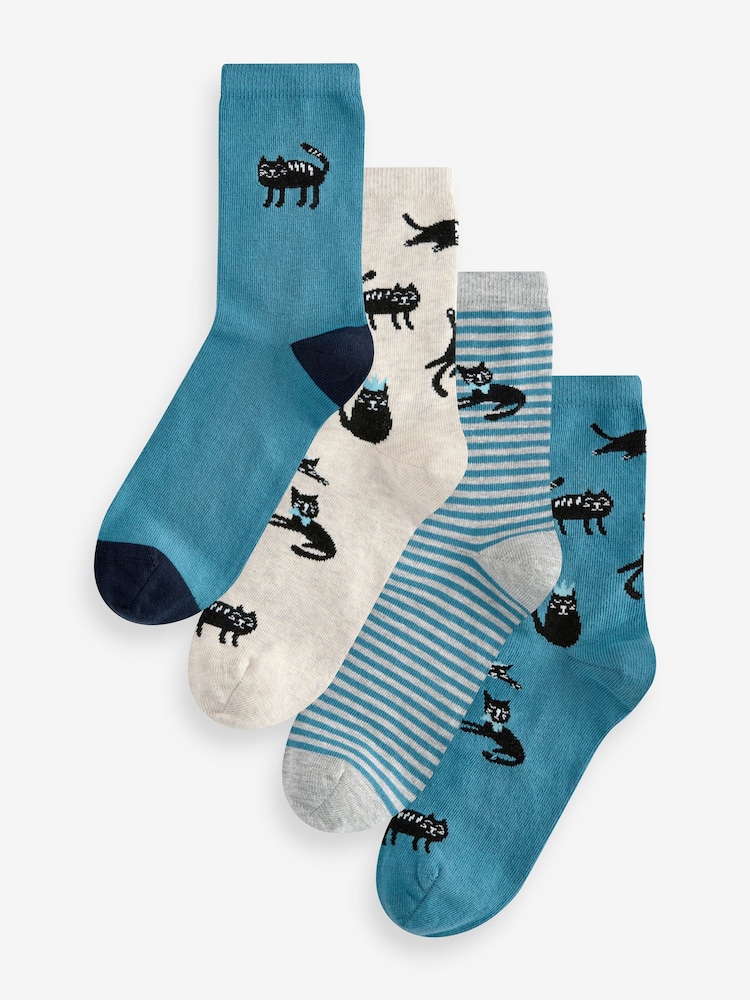 Blue/Grey Cats Ankle Socks 4 Pack - Image 1 of 5 Blue/Grey Cats Ankle Socks 4 Pack - Image 1 of 5