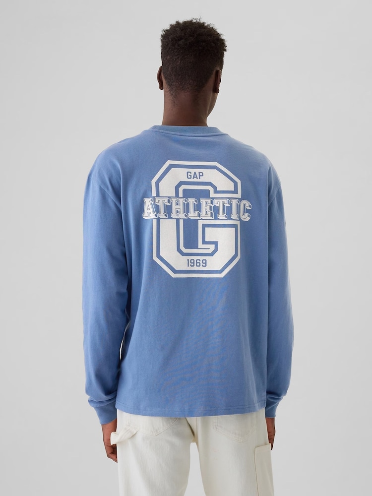 Gap Blue Athletic Logo Graphic 100% Cotton Long Sleeve T-Shirt - Image 1 of 5