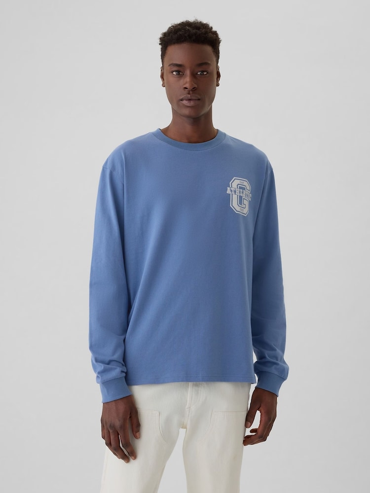 Gap Blue Athletic Logo Graphic 100% Cotton Long Sleeve T-Shirt - Image 2 of 5