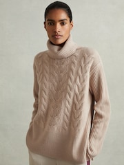 Reiss Mink Carina Wool-Cashmere Cable Knit Roll Neck Jumper - Image 1 of 6
