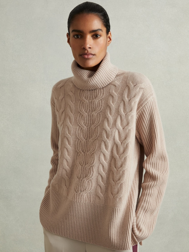 Reiss Mink Carina Wool-Cashmere Cable Knit Roll Neck Jumper - Image 1 of 6