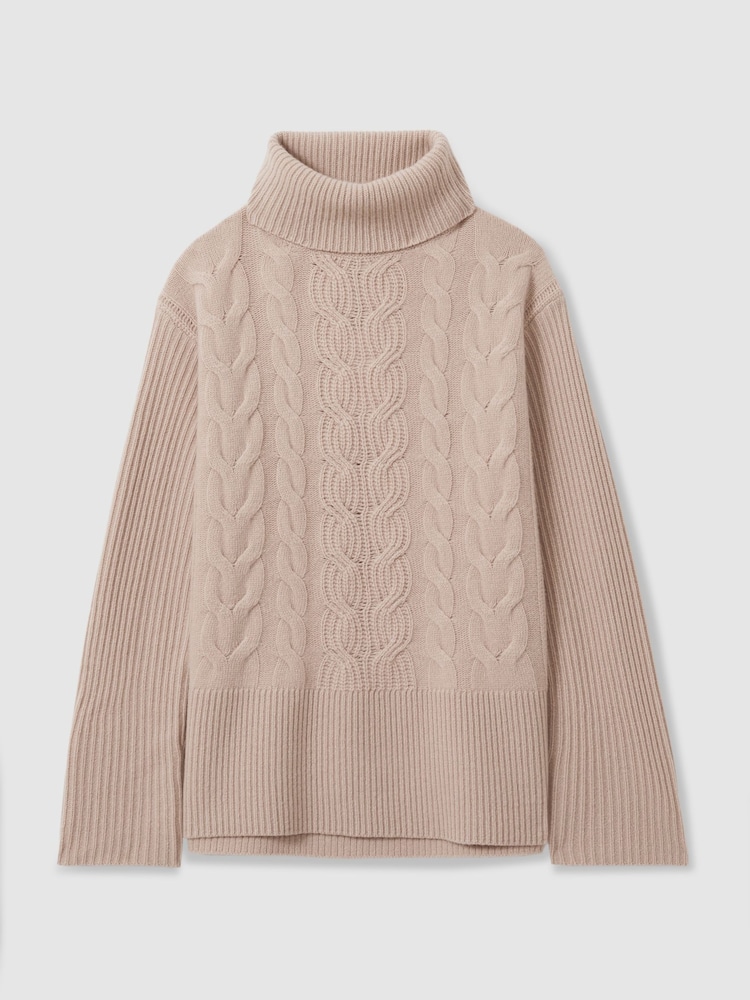 Reiss Mink Carina Wool-Cashmere Cable Knit Roll Neck Jumper - Image 2 of 6