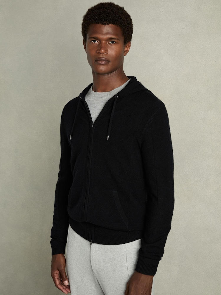 Reiss Black Lindo Wool and Cashmere Zip-Through Hoodie - Image 1 of 6