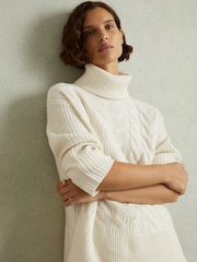 Reiss Cream Carina Wool-Cashmere Cable Knit Roll Neck Jumper - Image 1 of 7