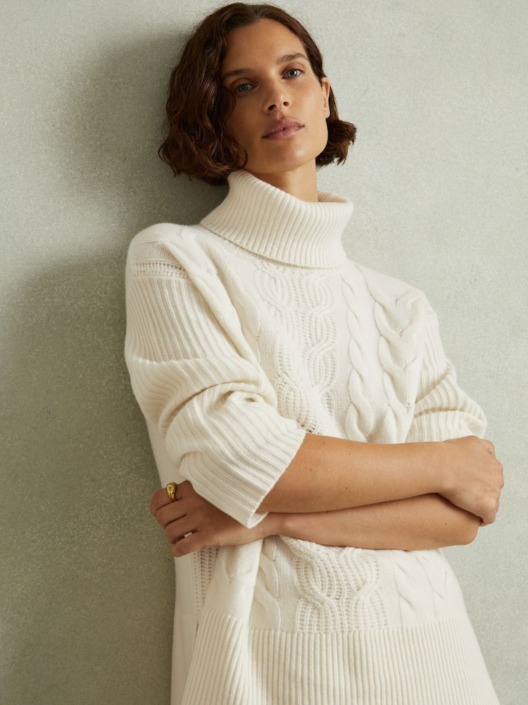 Reiss Cream Carina Wool-Cashmere Cable Knit Roll Neck Jumper - Image 1 of 7