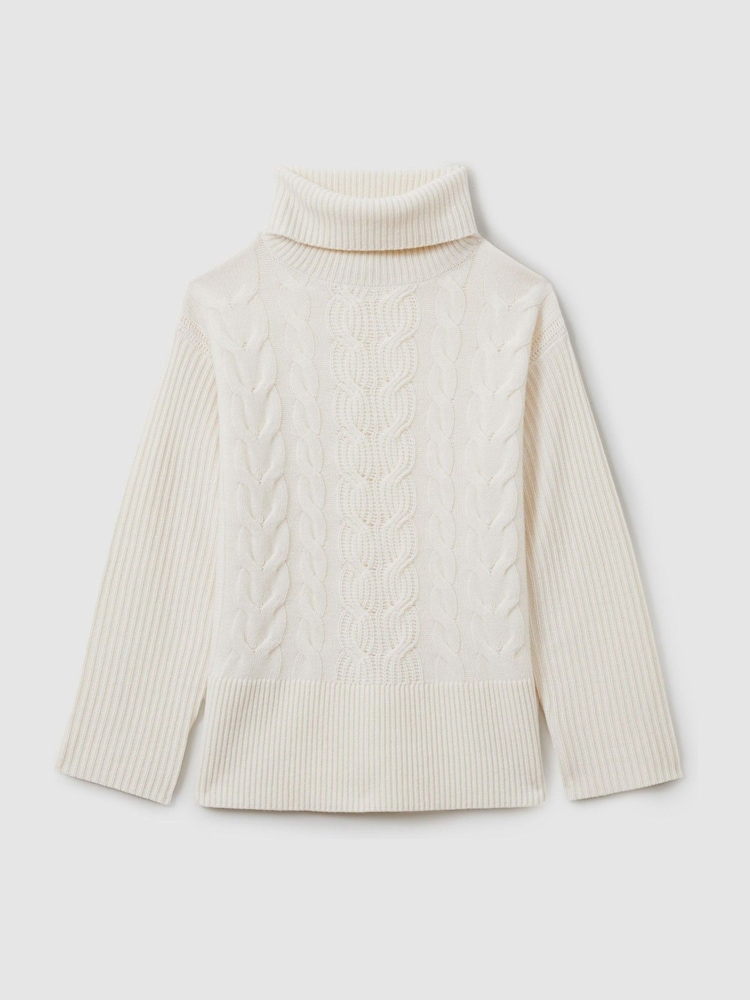 Reiss Cream Carina Wool-Cashmere Cable Knit Roll Neck Jumper - Image 2 of 7