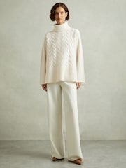 Reiss Cream Carina Wool-Cashmere Cable Knit Roll Neck Jumper - Image 3 of 7