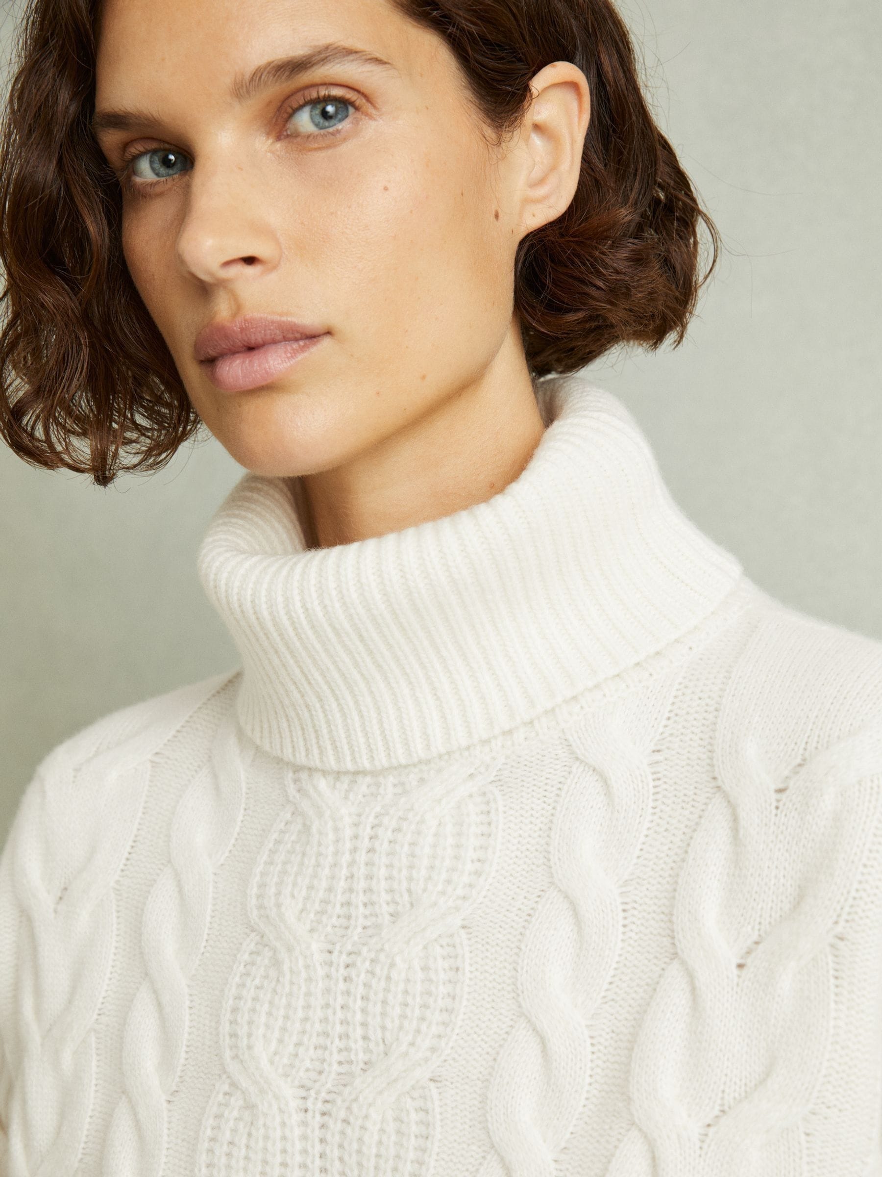 Buy Reiss Cream Carina Wool-Cashmere Cable Knit Roll Neck Jumper