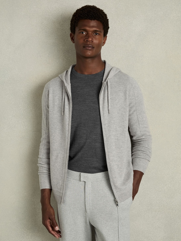 Reiss Soft Grey Melange Lindo Wool and Cashmere Zip-Through Hoodie - Image 1 of 6