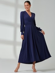 Jolie Moi Navy Blue Long  Sleeve Soft Silky Jersey Maxi Dress - Image 1 of 6