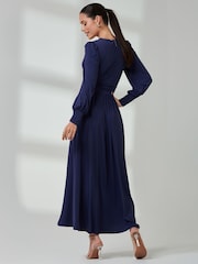 Jolie Moi Navy Blue Long  Sleeve Soft Silky Jersey Maxi Dress - Image 2 of 6