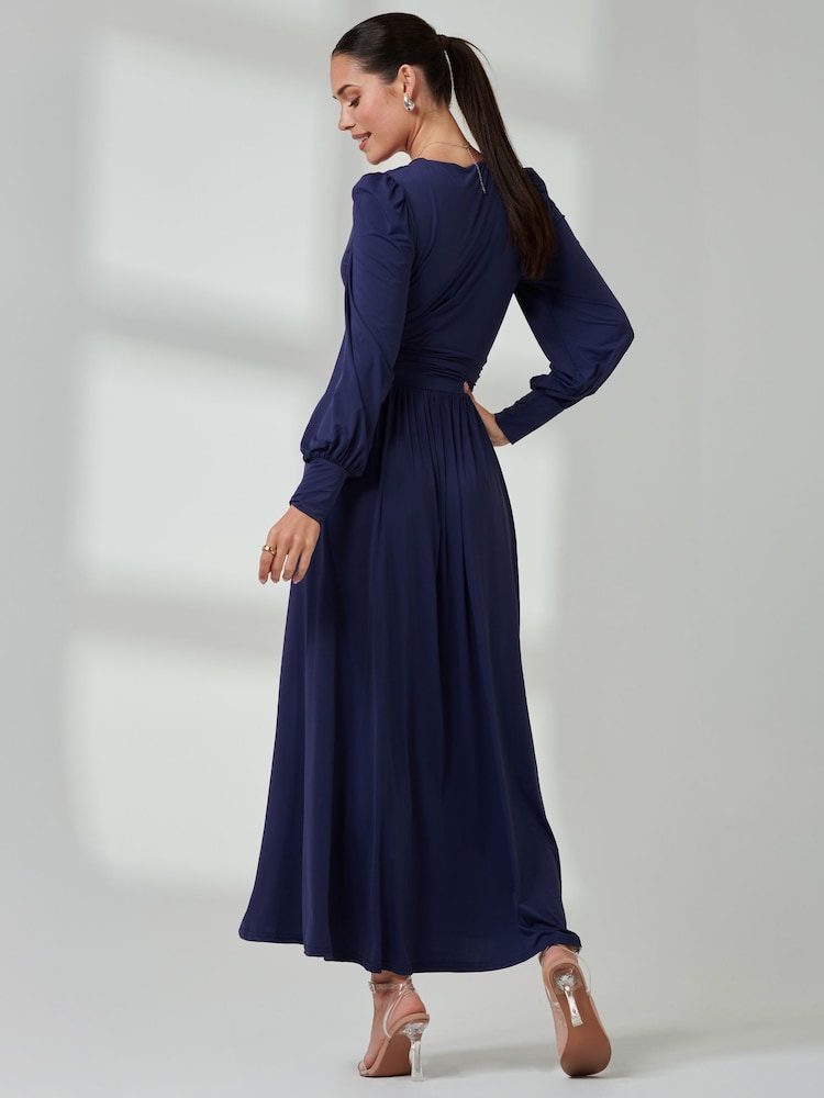 Jolie Moi Navy Blue Long  Sleeve Soft Silky Jersey Maxi Dress - Image 2 of 6