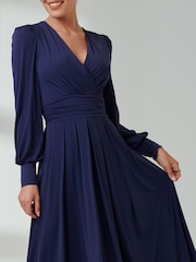 Jolie Moi Navy Blue Long  Sleeve Soft Silky Jersey Maxi Dress - Image 3 of 6