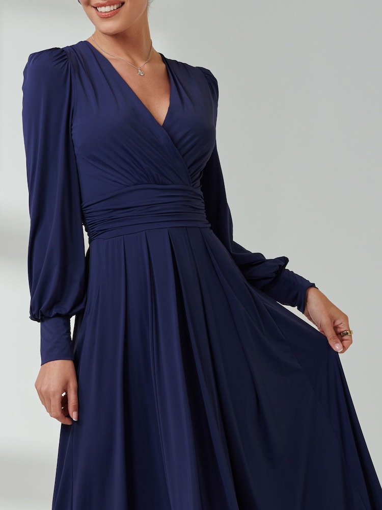 Jolie Moi Navy Blue Long  Sleeve Soft Silky Jersey Maxi Dress - Image 3 of 6