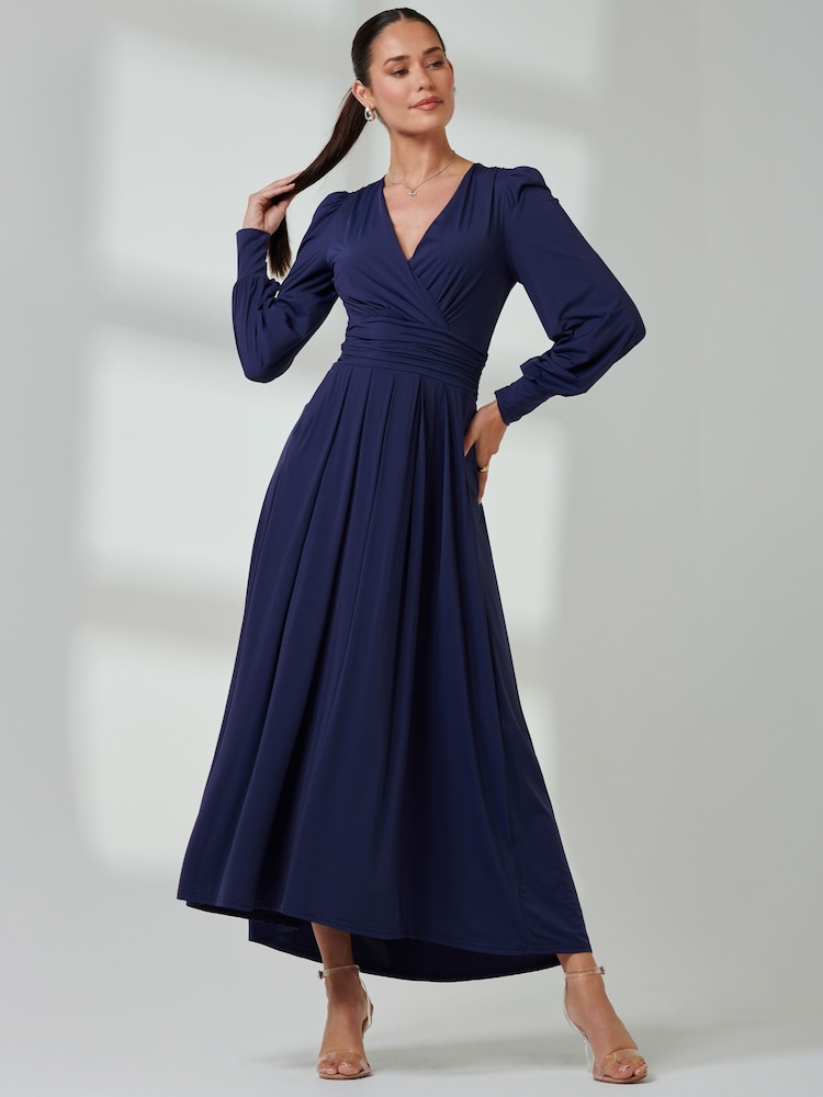Jolie Moi Navy Blue Long  Sleeve Soft Silky Jersey Maxi Dress - Image 4 of 6