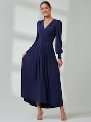 Jolie Moi Navy Blue Long  Sleeve Soft Silky Jersey Maxi Dress - Image 5 of 6