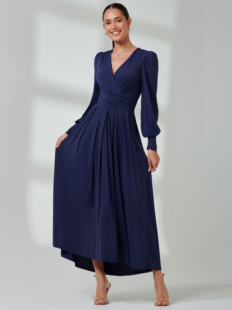 Jolie Moi Navy Blue Long  Sleeve Soft Silky Jersey Maxi Dress - Image 5 of 6