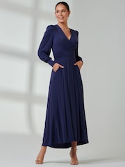 Jolie Moi Navy Blue Long  Sleeve Soft Silky Jersey Maxi Dress - Image 6 of 6