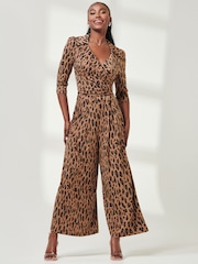 Jolie Moi Brown Animal Print Jersey Jumpsuit - Image 1 of 5