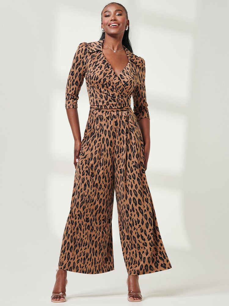 Jolie Moi Brown Animal Print Jersey Jumpsuit - Image 1 of 5