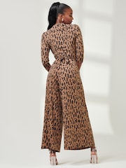 Jolie Moi Brown Animal Print Jersey Jumpsuit - Image 2 of 5