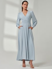 Jolie Moi Light Blue Long  Sleeve Soft Silky Jersey Maxi Dress - Image 1 of 6