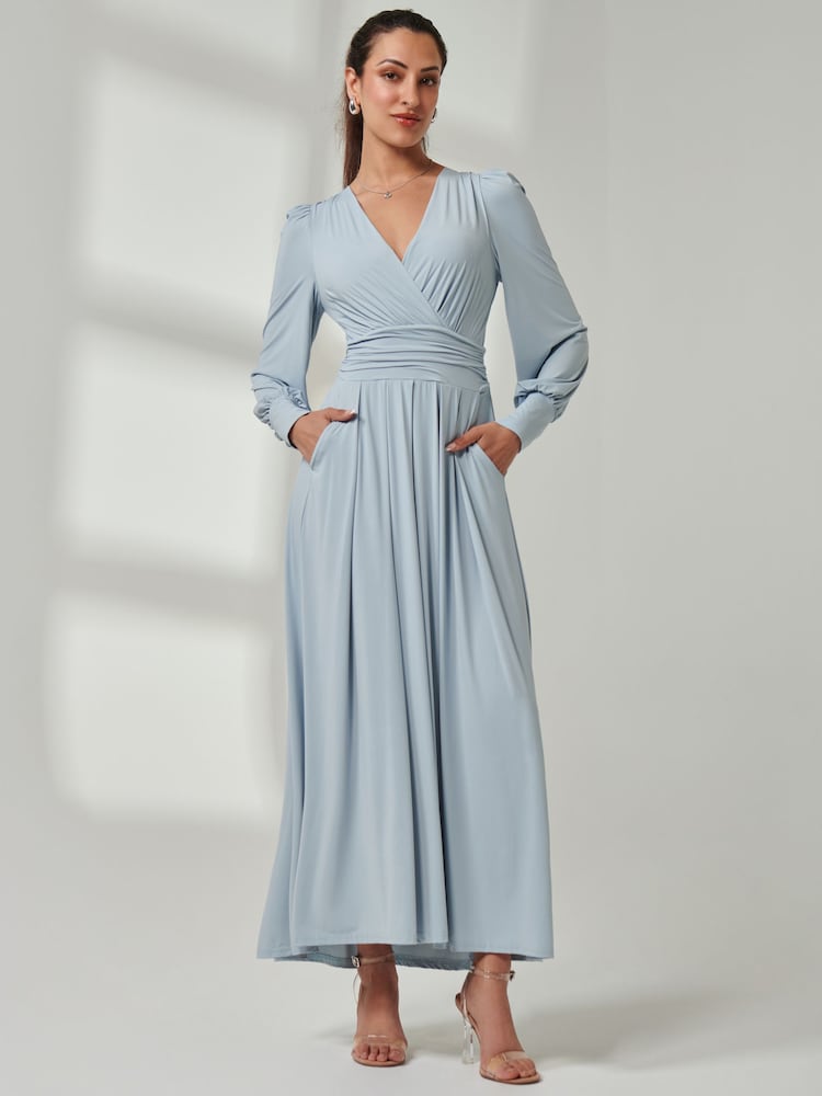 Jolie Moi Light Blue Long  Sleeve Soft Silky Jersey Maxi Dress - Image 1 of 6