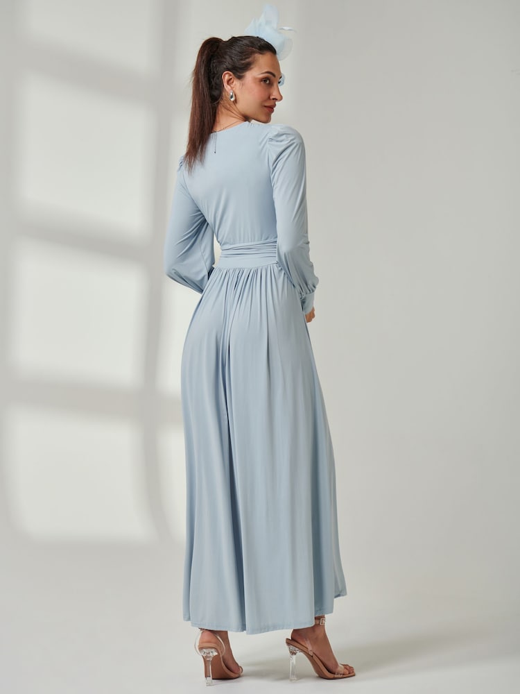 Jolie Moi Light Blue Long  Sleeve Soft Silky Jersey Maxi Dress - Image 2 of 6