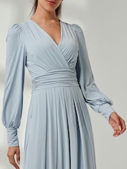 Jolie Moi Light Blue Long  Sleeve Soft Silky Jersey Maxi Dress - Image 3 of 6