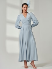 Jolie Moi Light Blue Long  Sleeve Soft Silky Jersey Maxi Dress - Image 4 of 6