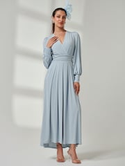 Jolie Moi Light Blue Long  Sleeve Soft Silky Jersey Maxi Dress - Image 6 of 6
