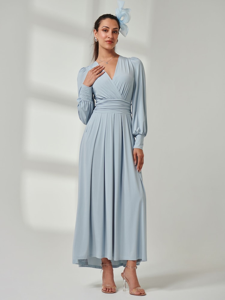 Jolie Moi Light Blue Long  Sleeve Soft Silky Jersey Maxi Dress - Image 6 of 6