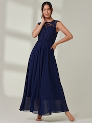 Jolie Moi Blue Leanne Cap Sleeve Lace Maxi Dress - Image 1 of 6