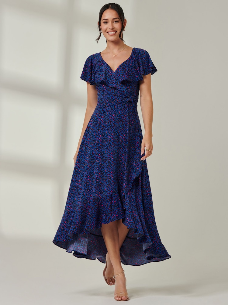 Jolie Moi Blue Animal Print Frill Maxi Dress - Image 1 of 6 Jolie Moi Blue Animal Print Frill Maxi Dress - Image 1 of 6