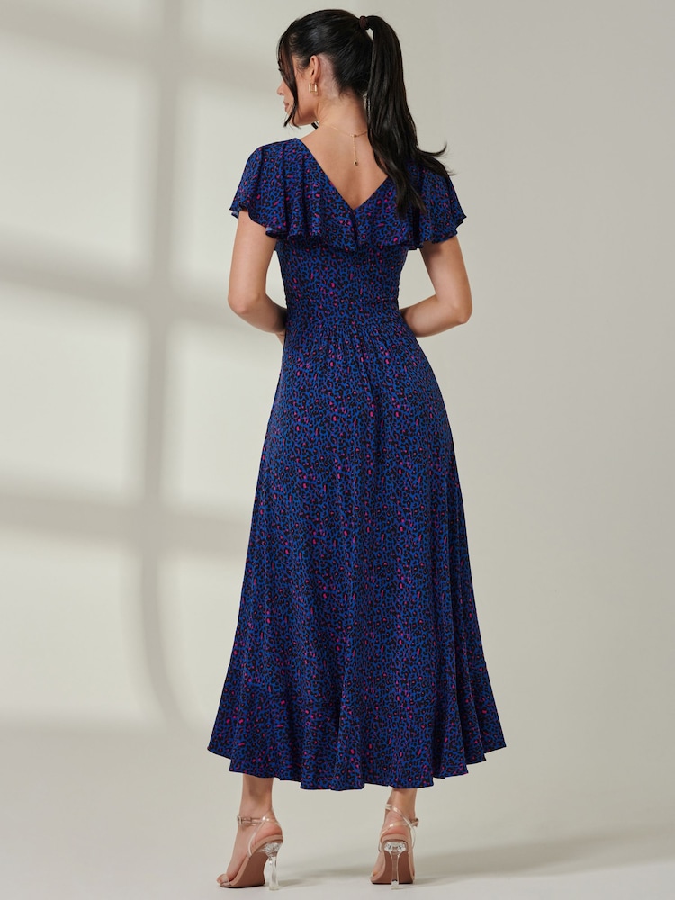 Jolie Moi Blue Animal Print Frill Maxi Dress - Image 2 of 6 Jolie Moi Blue Animal Print Frill Maxi Dress - Image 2 of 6