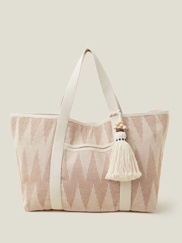 Accessorize Cream Chevron Beach 100% Cotton Bag - Image 1 of 3 Accessorize Cream Chevron Beach 100% Cotton Bag - Image 1 of 3