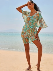 Sosandar Green Baroque Print Tie Waist Beach Kaftan - Image 1 of 6