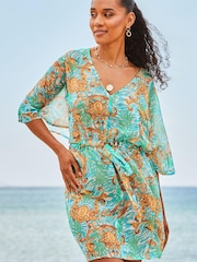 Sosandar Green Baroque Print Tie Waist Beach Kaftan - Image 3 of 6