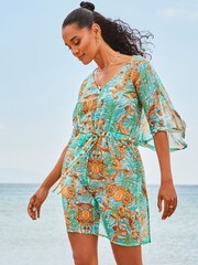 Sosandar Green Baroque Print Tie Waist Beach Kaftan - Image 6 of 6