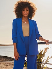 Sosandar Blue Ruched Sleeve Longline Relaxed Fit Blazer - Image 2 of 5