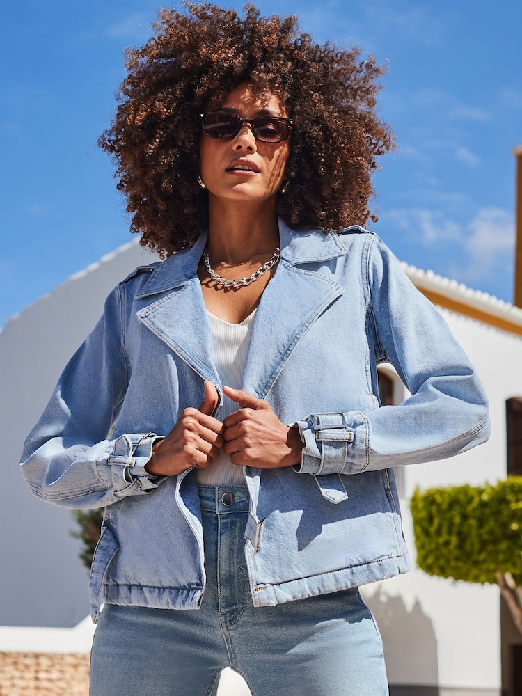 Sosandar Blue Denim Biker 100% Cotton Jacket - Image 1 of 5