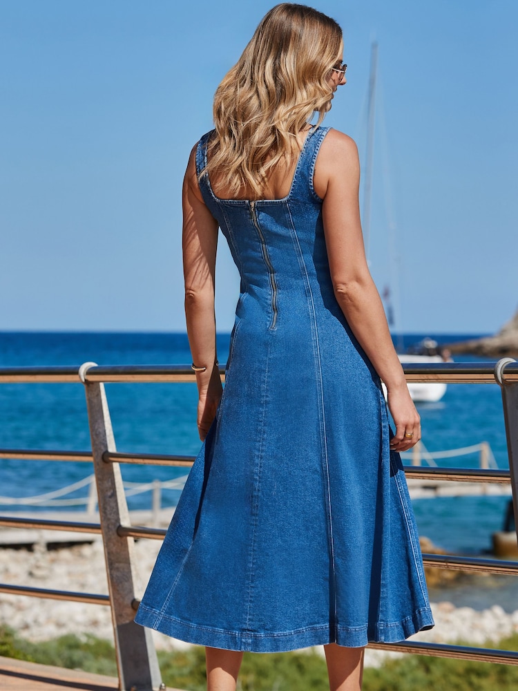 Sosandar Blue Panelled Fit & Flare Denim Midaxi Dress - Image 6 of 6