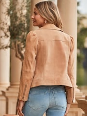 Sosandar Natural Suede Ruched Sleeve Biker Jacket - Image 3 of 5