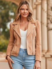 Sosandar Natural Suede Ruched Sleeve Biker Jacket - Image 4 of 5